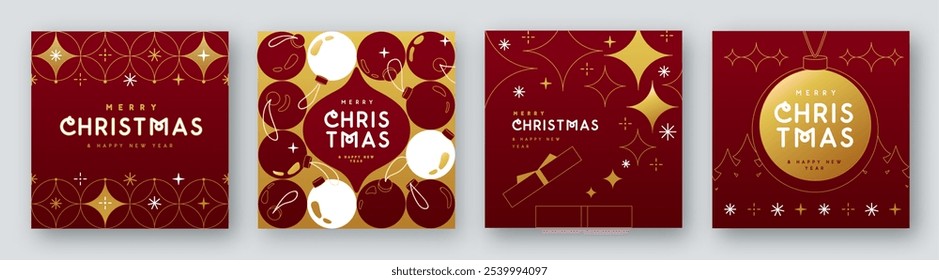 Set of Merry Christmas and Happy New Year line art greeting cards, covers or posters with holiday attributes. Christmas background. Vector illustration