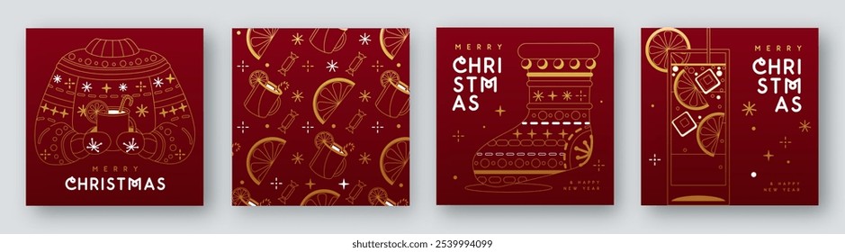 Set of Merry Christmas and Happy New Year line art greeting cards, covers or posters with holiday attributes. Christmas background. Vector illustration