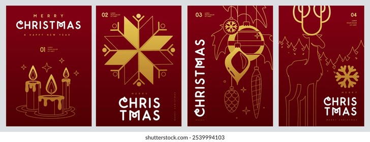 Set of Merry Christmas and Happy New Year line art greeting cards, covers or posters with holiday attributes. Christmas background. Vector illustration