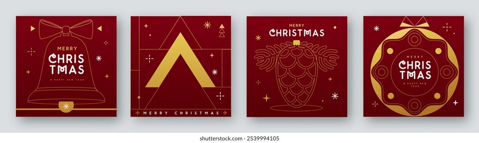 Conjunto de Feliz Natal e Feliz Ano Novo line arte saudações cartões, capas ou cartazes com atributos de férias. Fundo de Natal. Ilustração vetorial