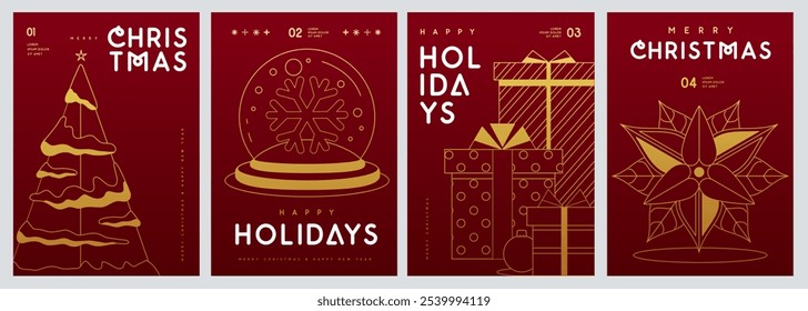 Set of Merry Christmas and Happy New Year line art greeting cards, covers or posters with holiday attributes. Christmas background. Vector illustration