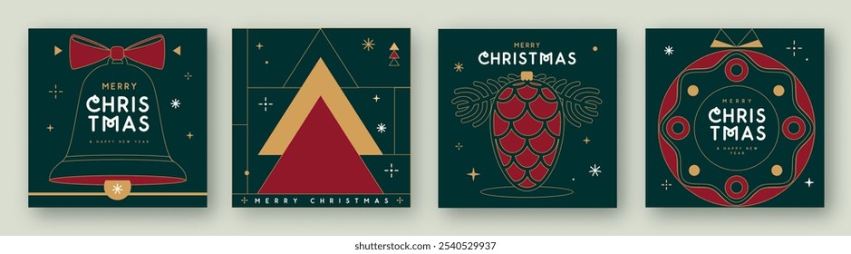 Set of Merry Christmas and Happy New Year line art greeting cards, covers or posters with holiday attributes. Christmas background. Vector illustration