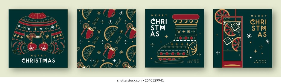 Set of Merry Christmas and Happy New Year line art greeting cards, covers or posters with holiday attributes. Christmas background. Vector illustration