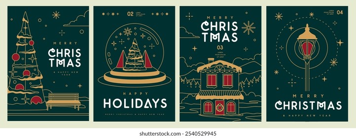 Set of Merry Christmas and Happy New Year line art greeting cards, covers or posters with holiday attributes. Christmas background. Vector illustration