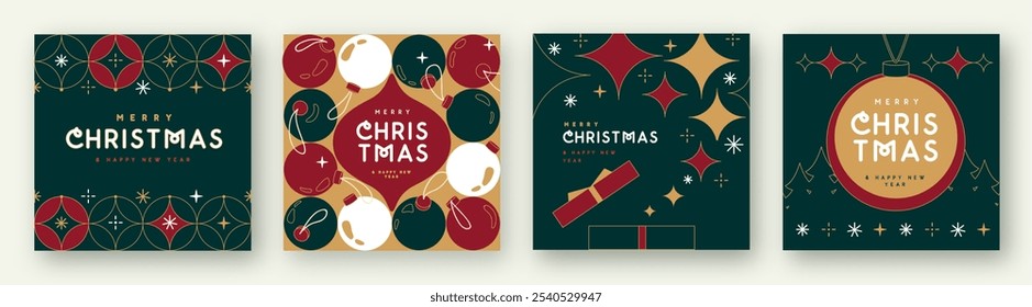 Set von Frohe Weihnachten und Frohes Neues Jahr Linie Kunst Grußkarten, Cover oder Plakate mit Feiertagsattributen. Weihnachtlicher Hintergrund. Vektorgrafik