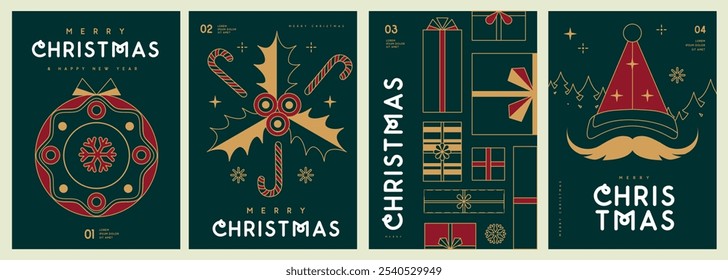 Set of Merry Christmas and Happy New Year line art greeting cards, covers or posters with holiday attributes. Christmas background. Vector illustration