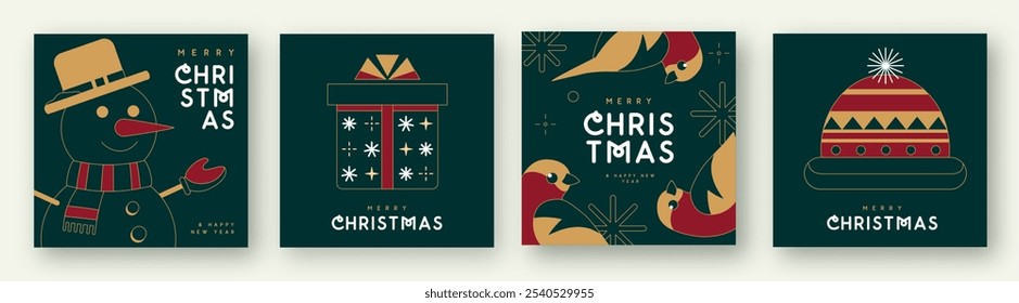 Set of Merry Christmas and Happy New Year line art greeting cards, covers or posters with holiday attributes. Christmas background. Vector illustration