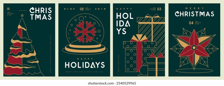 Set of Merry Christmas and Happy New Year line art greeting cards, covers or posters with holiday attributes. Christmas background. Vector illustration