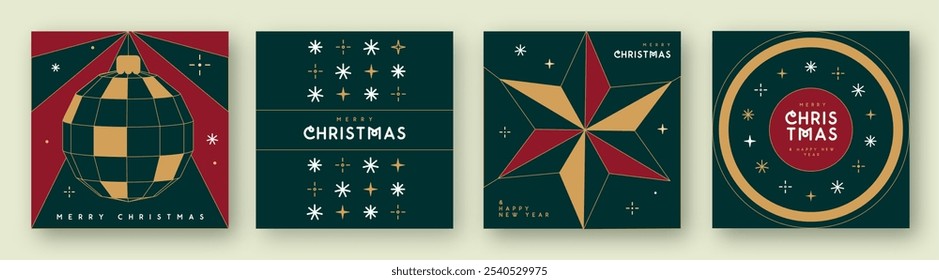 Set of Merry Christmas and Happy New Year line art greeting cards, covers or posters with holiday attributes. Christmas background. Vector illustration