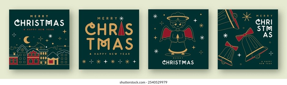 Set of Merry Christmas and Happy New Year line art greeting cards, covers or posters with holiday attributes. Christmas background. Vector illustration