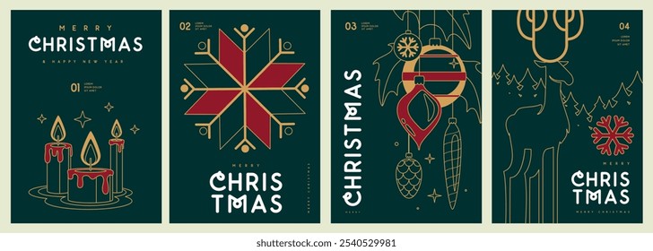 Set of Merry Christmas and Happy New Year line art greeting cards, covers or posters with holiday attributes. Christmas background. Vector illustration