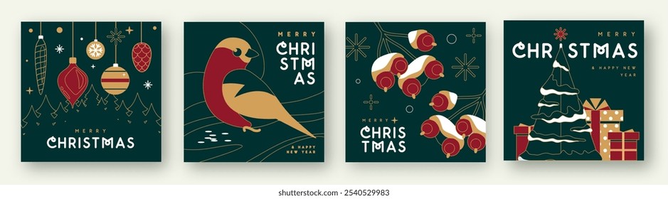 Set of Merry Christmas and Happy New Year line art greeting cards, covers or posters with holiday attributes. Christmas background. Vector illustration