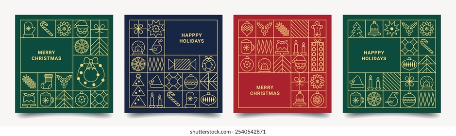 Set of Merry Christmas and Happy New Year geometric minimalist card in line style. Luxury Xmas backgrounds. Modern Christmas pattern with gold line icons. Perfect for invitation, poster, cover.