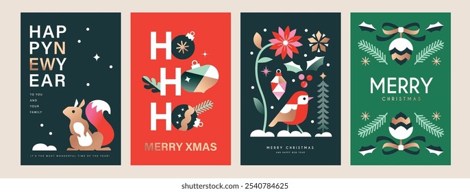 Conjunto de Feliz Natal e Feliz Ano Novo fundo, banner, capa, design de cartaz com ilustração estilo liso na moda.