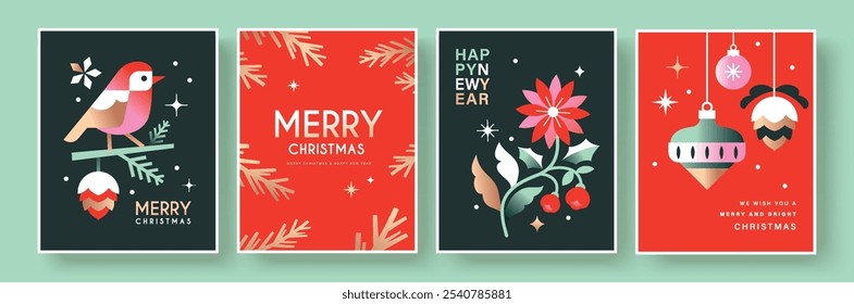 Set of Merry Christmas and Happy New Year background, banner, cover, poster design with trendy flat style illustration.