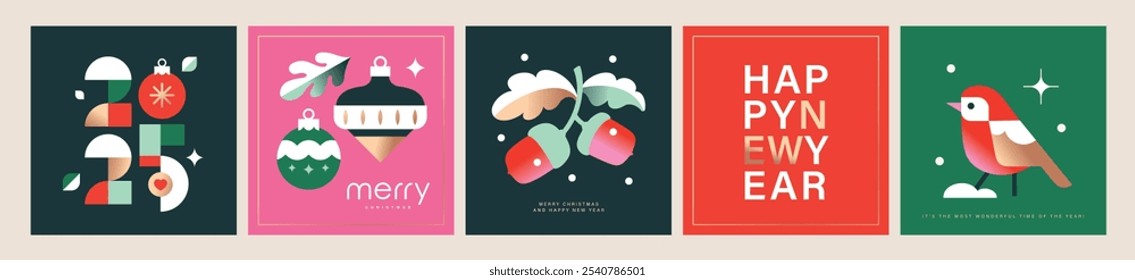 Set of Merry Christmas and Happy New Year background, banner, cover, poster design with trendy flat style illustration.