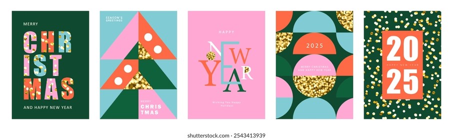 Set of Merry Christmas and Happy New Year greeting cards. Modern trendy design with gold glitter, snowflakes, Christmas decorations and other festive design elements. Xmas template of poster, cover, f