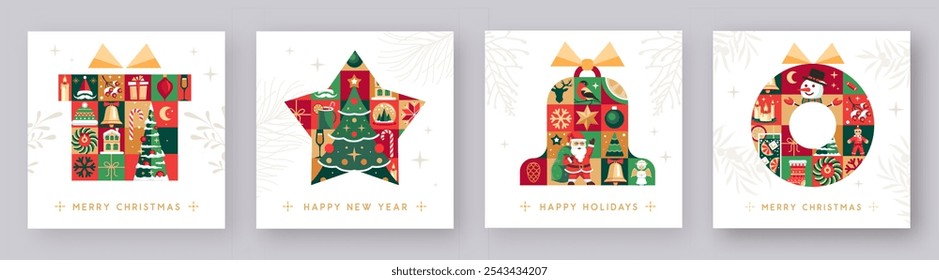 Conjunto de Navidades alegres y feliz año Nuevo tarjetas de felicitación modernas, cubiertas o carteles con decoración navideña. Navidades de fondo. Ilustración vectorial