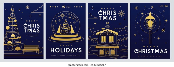 Set of Merry Christmas and Happy New Year line art greeting cards, covers or posters with holiday attributes. Christmas background. Vector illustration