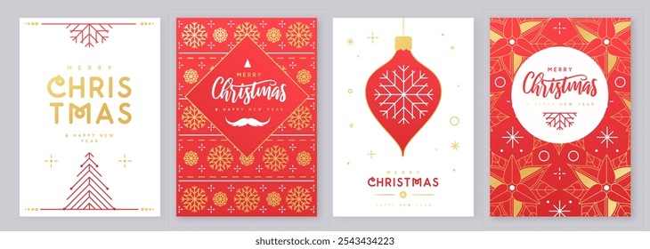 Set of Merry Christmas and Happy New Year modern greeting cards, covers or posters with holiday elements. Christmas background. Vector illustration