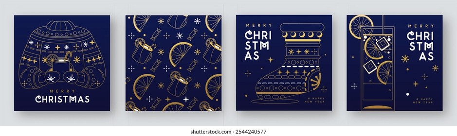 Set of Merry Christmas and Happy New Year line art greeting cards, covers or posters with holiday attributes. Christmas background. Vector illustration