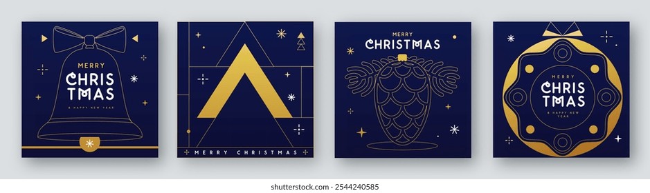 Set of Merry Christmas and Happy New Year line art greeting cards, covers or posters with holiday attributes. Christmas background. Vector illustration