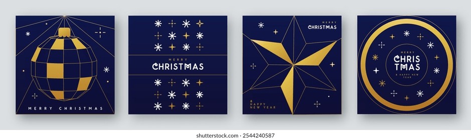 Set of Merry Christmas and Happy New Year line art greeting cards, covers or posters with holiday attributes. Christmas background. Vector illustration