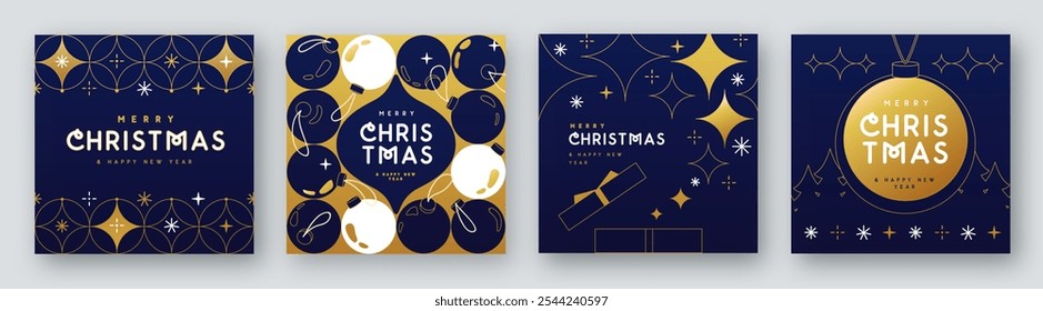 Conjunto de Feliz Natal e Feliz Ano Novo line arte saudações cartões, capas ou cartazes com atributos de férias. Fundo de Natal. Ilustração vetorial