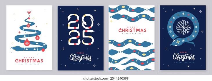 Set of Merry Christmas and Happy New Year modern greeting cards, covers or posters with holiday elements. Christmas background. Vector illustration