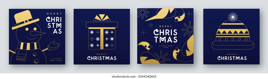 Set of Merry Christmas and Happy New Year line art greeting cards, covers or posters with holiday attributes. Christmas background. Vector illustration