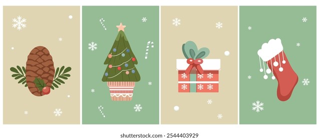 Set of Merry Christmas and Happy New Year minimalist trendy cards. Modern Xmas flat design with geometric pattern of holiday icons