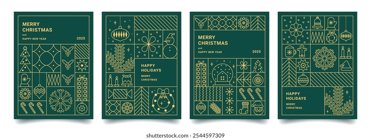 Set of Merry Christmas and Happy New Year geometric minimalist card in line style. Luxury Xmas backgrounds. Modern Christmas pattern with gold line icons. Perfect for invitation, poster, cover.