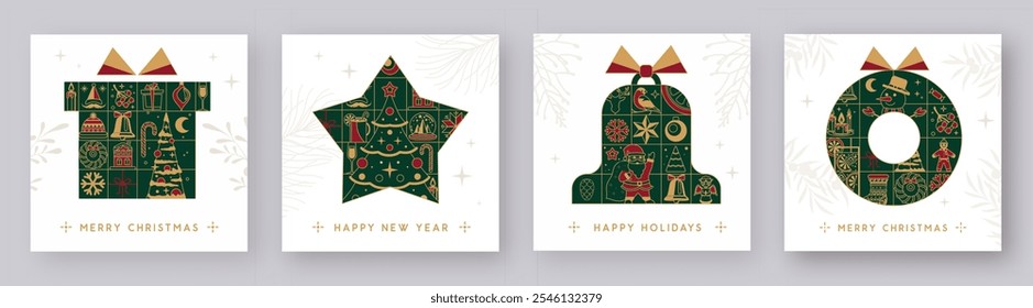 Set of Merry Christmas and Happy New Year modern greeting cards, covers or posters with holiday decoration. Christmas background. Vector illustration