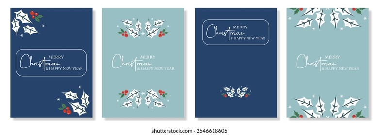 Set of Merry christmas and happy new year minimalist greeting with beries, leaves and snow on blue vertical background good for sale, advertisement promotion, card, gift, poster, flyer and banner.