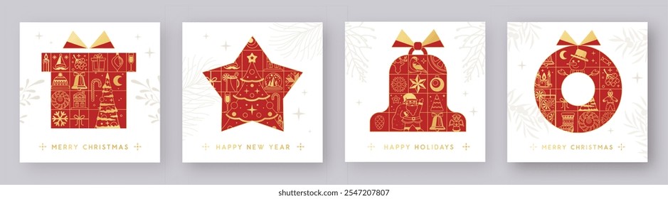 Set of Merry Christmas and Happy New Year modern greeting cards, covers or posters with holiday decoration. Christmas background. Vector illustration