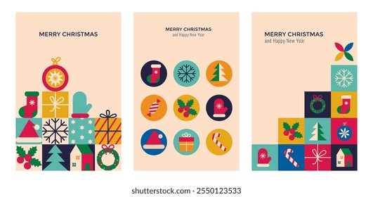 Set of Merry Christmas and Happy New Year geometric minimalist card. Modern Christmas mosaic pattern. Christmas Retro Greeting Cards. Trendy abstract vector illustrations for invitation, poster, cover