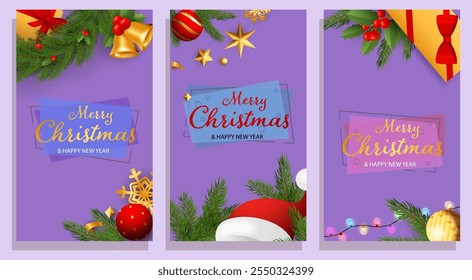 Set of Merry Christmas and Happy New Year design with fir branches, Santa Claus hat and jingle bells, gift box and baubles. Letterings can be used for posters, leaflets, announcements