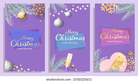 Set of Merry Christmas and Happy New Year banner with fir branches, champagne and toys on purple backgrounds. Letterings can be used for posters, leaflets, announcements