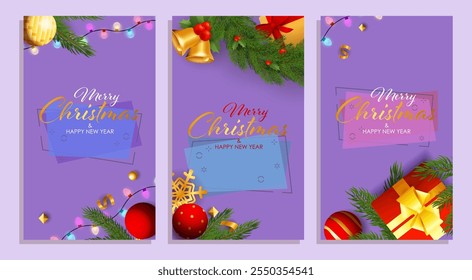 Set of Merry Christmas and Happy New Year banner with garland, jingle bells and presents on purple backgrounds. Letterings can be used for posters, leaflets, announcements