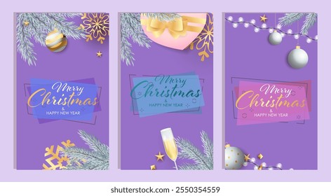 Set of Merry Christmas and Happy New Year banner with fir branches, champagne and presents on purple backgrounds. Letterings can be used for posters, leaflets, announcements
