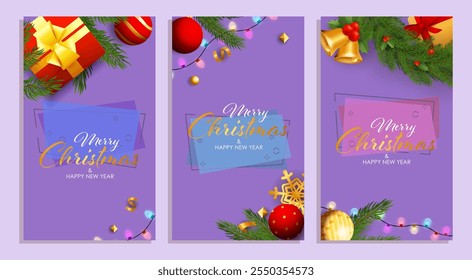 Set of Merry Christmas and Happy New Year design with garland, sparkling bulb lights and jingle bells on bright backgrounds. Letterings can be used for posters, leaflets, announcements