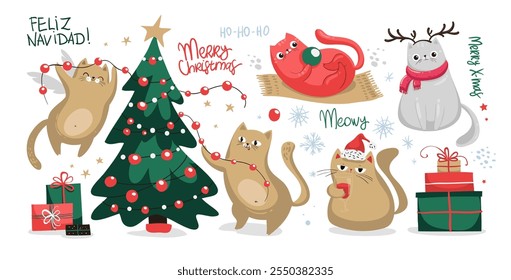 Conjunto de Feliz Natal e feliz ano novo kawaii gatos. Desenho de coleção de gatos bonitos com elementos de Natal. Letras desenhadas à mão. Design para banner, convite, cartão, saudação, banner, capa