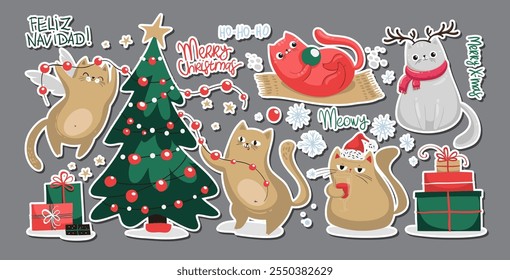 Set of Merry Christmas and happy new year kawaii cats. Collection drawing of cute cats with Christmas elements. Hand drawn lettering. Design for banner, invitation, card, greeting, banner, cover