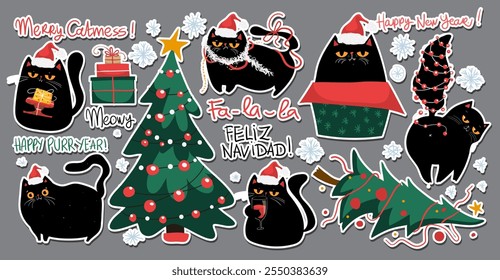 Conjunto de felices Navidades y felices gatos negros kawaii de año nuevo. Gatos sarcásticos gruñones con Elementos de Navidades. Letras dibujadas a mano. Diseño para el Anuncio, invitación, tarjeta, saludo, Anuncio y otros