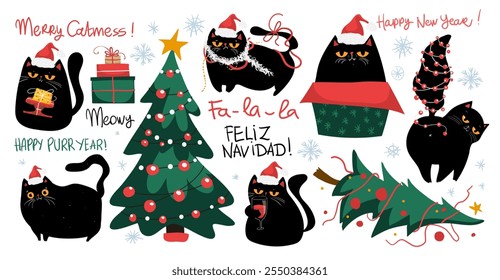 Set of Merry Christmas and happy new year kawaii black cats. Grumpy sarcastic cats with Christmas elements. Feliz navidad lettering. Design for banner, invitation, card, greeting, banner and other