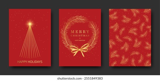 Set of Merry Christmas and Happy New Year greeting cards. Vector illustrations