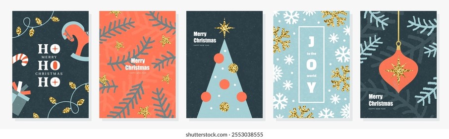 Set of Merry Christmas and Happy New Year greeting cards. Modern trendy design with illustrations of sprigs of spruce, Christmas tree balls, snowflakes, Christmas tree, glitter and more. Xmas design o