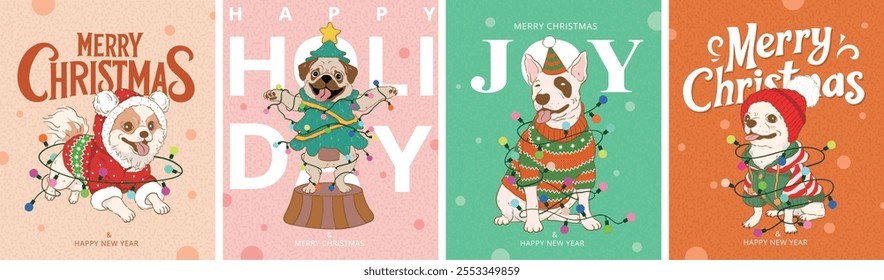 Set of Merry christmas and happy new year Greeting Card, poster Template. Cute cartoon dogs in Christmas Costumes with Christmas lights