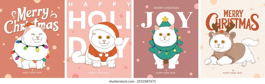 Set of Merry christmas and happy new year Greeting Card, poster Template. Cute cartoon cats dressed in Christmas costumes, featuring lights, festive outfits, and holiday cheer