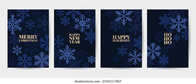 Set of Merry Christmas and Happy New year  Greeting Cards. Blue background with Snowflakes. Seasonal ads, holiday covers, invitations, cards, greetings, poster vector illustration